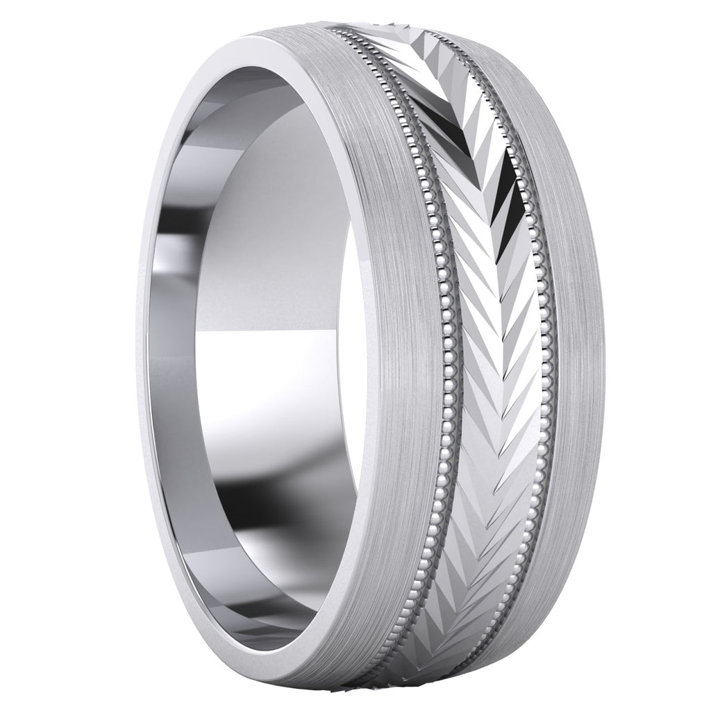 Heavy Sterling Silver 8mm Mens Wedding Band Arrow Patterned Ring Comfort Fit Brushed
