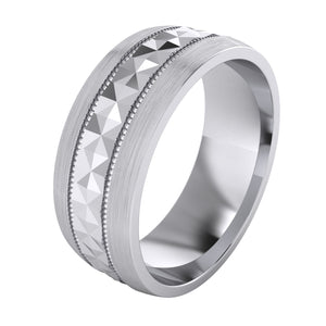 Heavy Sterling Silver 8mm Mens Wedding Band Diamond Cut Pyramid Patterned Ring Comfort Fit Brushed