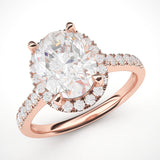 14k Rose Gold Simulated Oval Cut Diamond Halo Engagement Ring with Side Stones Promise Bridal Ring