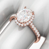 14k Rose Gold Simulated Oval Cut Diamond Halo Engagement Ring with Side Stones Promise Bridal Ring