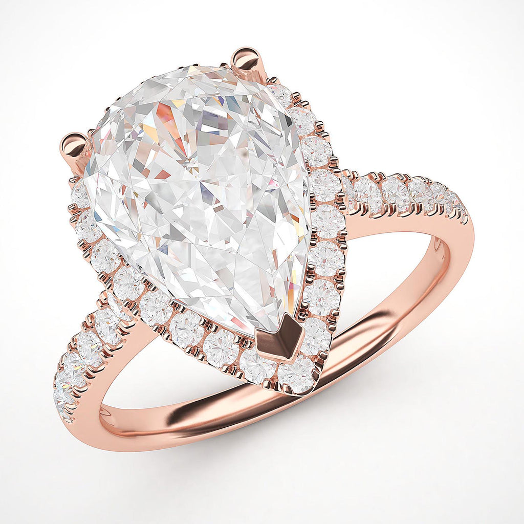 14k Rose Gold Simulated Pear-Shaped Diamond Halo Engagement Ring with Side Stones Promise Bridal Ring