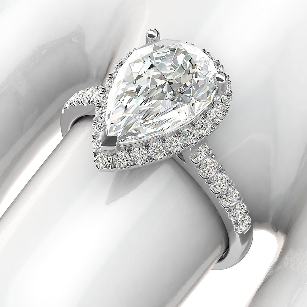 14k White Gold Simulated Pear-Shaped Diamond Halo Engagement Ring with Side Stones Promise Bridal Ring