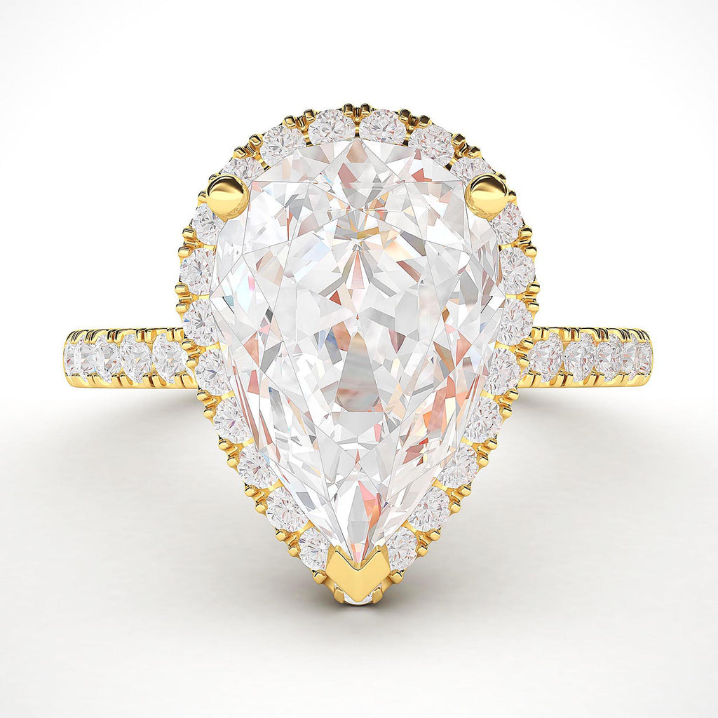 14k Yellow Gold Simulated Pear-Shaped Diamond Halo Engagement Ring with Side Stones Promise Bridal Ring