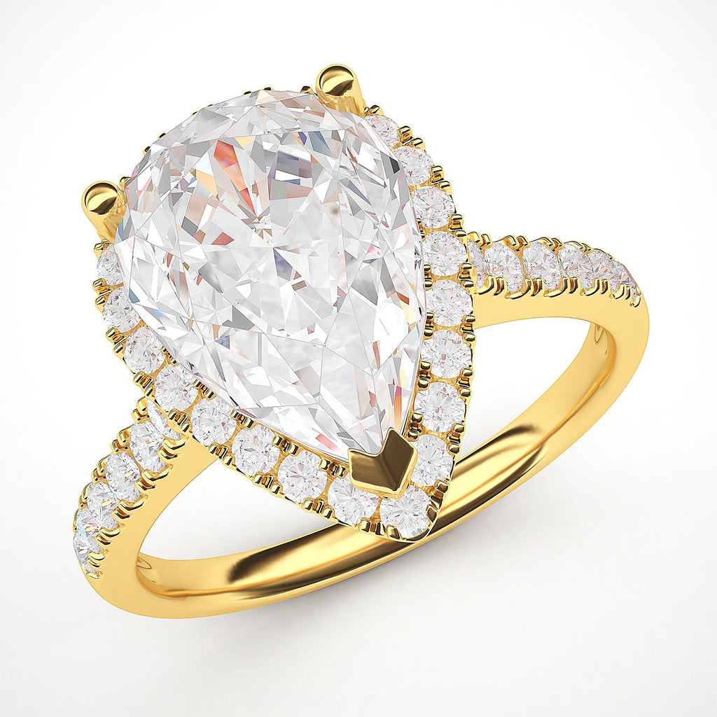 10k Yellow Gold Simulated Pear-Shaped Diamond Halo Engagement Ring with Side Stones Promise Bridal Ring