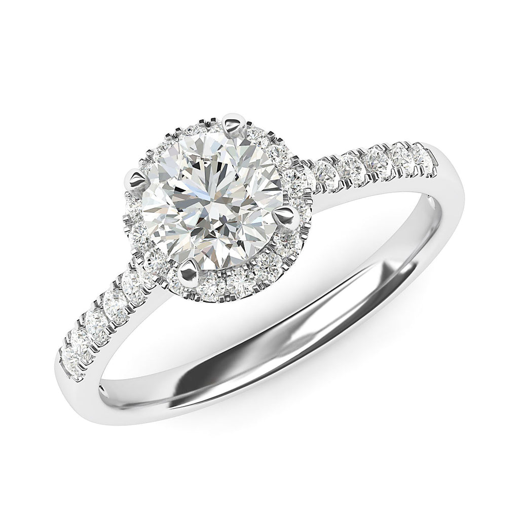Sterling Silver Classic Simulated Round Brilliant Cut Diamond Halo Engagement Ring with Side Stones