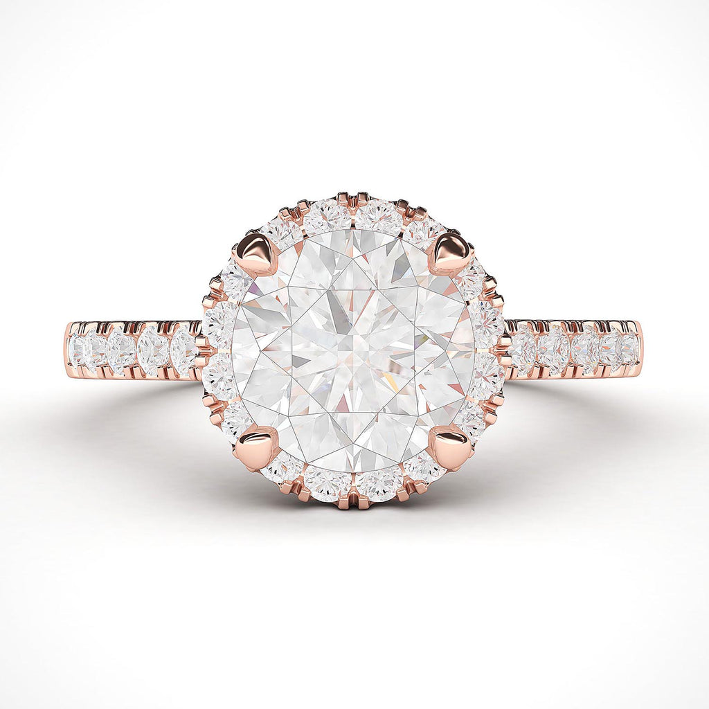 14k Rose Gold Classic Simulated Round Brilliant Cut Diamond Halo Engagement Ring with Side Stones