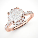 10k Rose Gold Classic Simulated Round Brilliant Cut Diamond Halo Engagement Ring with Side Stones