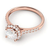 10k Rose Gold Classic Simulated Round Brilliant Cut Diamond Halo Engagement Ring with Side Stones