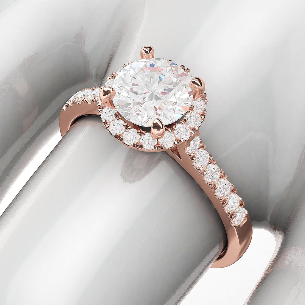 10k Rose Gold Classic Simulated Round Brilliant Cut Diamond Halo Engagement Ring with Side Stones