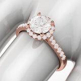 14k Rose Gold Classic Simulated Round Brilliant Cut Diamond Halo Engagement Ring with Side Stones
