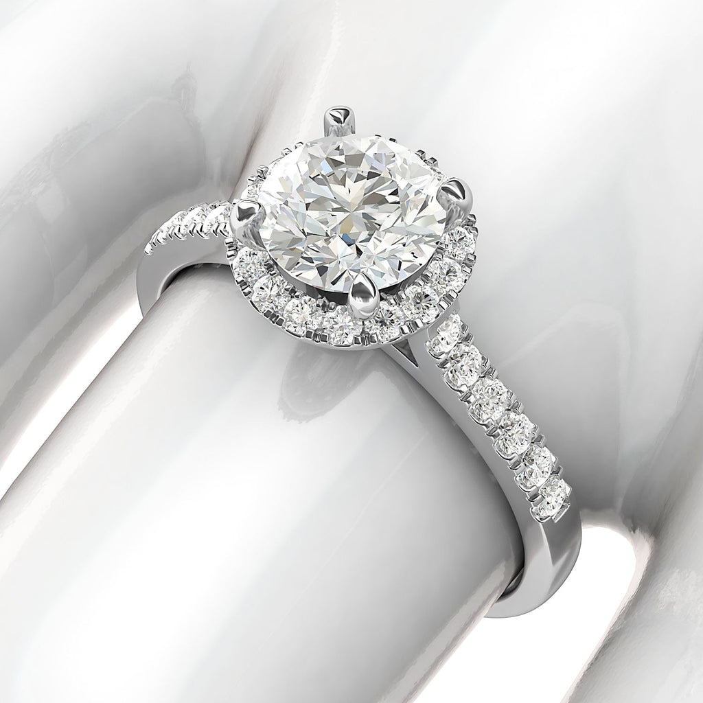 14k White Gold Classic Simulated Round Brilliant Cut Diamond Halo Engagement Ring with Side Stones