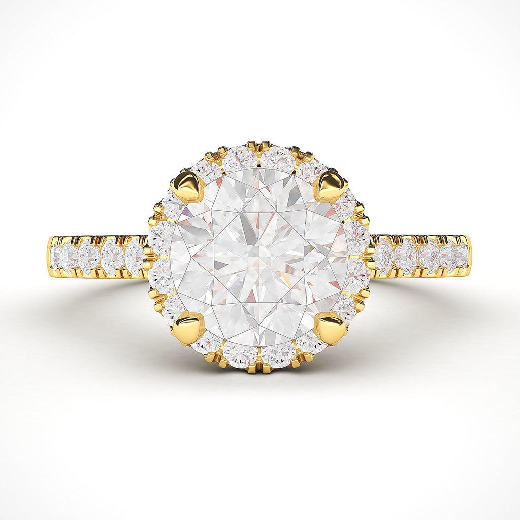 14k Yellow Gold Classic Simulated Round Brilliant Cut Diamond Halo Engagement Ring with Side Stones