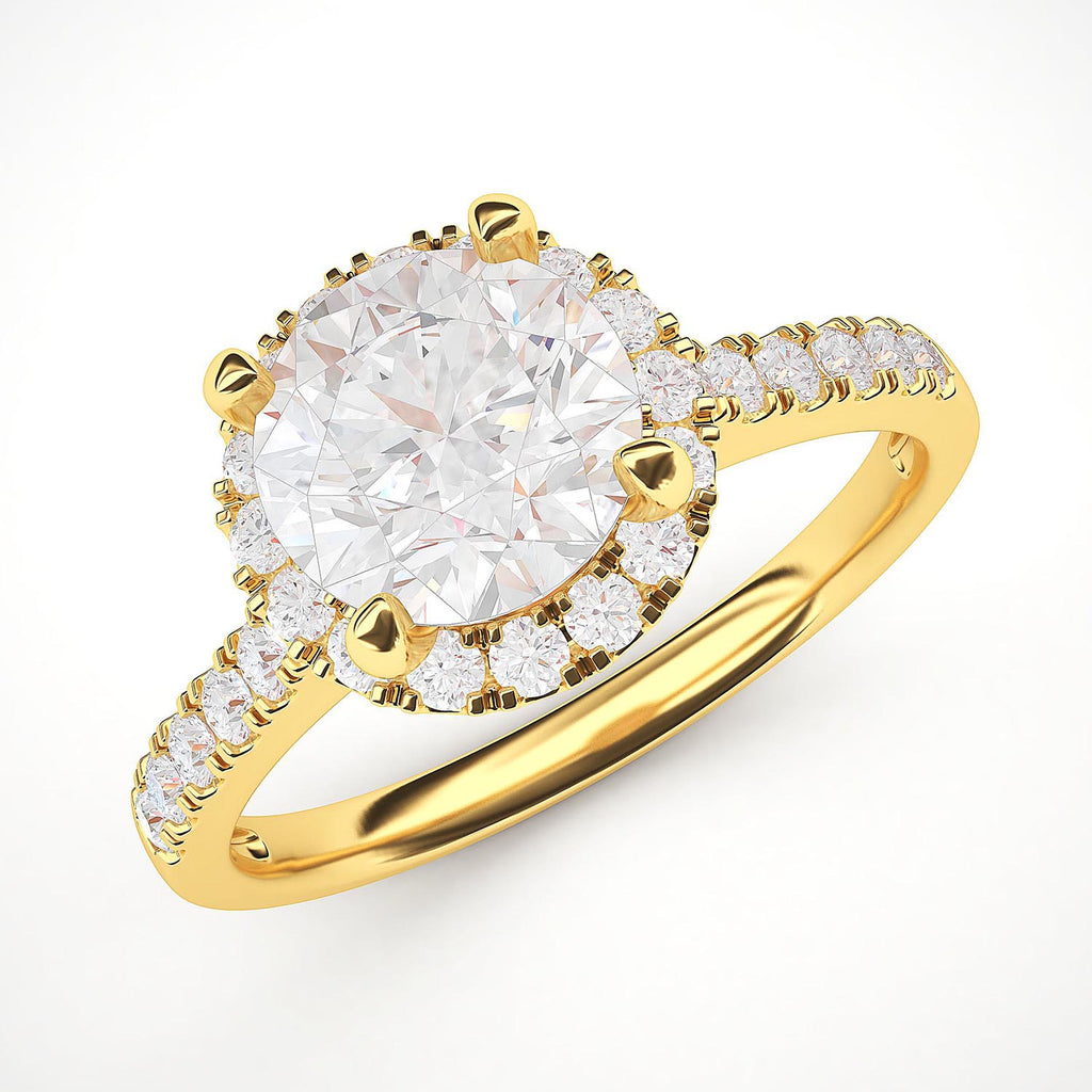10k Yellow Gold Classic Simulated Round Brilliant Cut Diamond Halo Engagement Ring with Side Stones