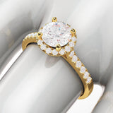 10k Yellow Gold Classic Simulated Round Brilliant Cut Diamond Halo Engagement Ring with Side Stones