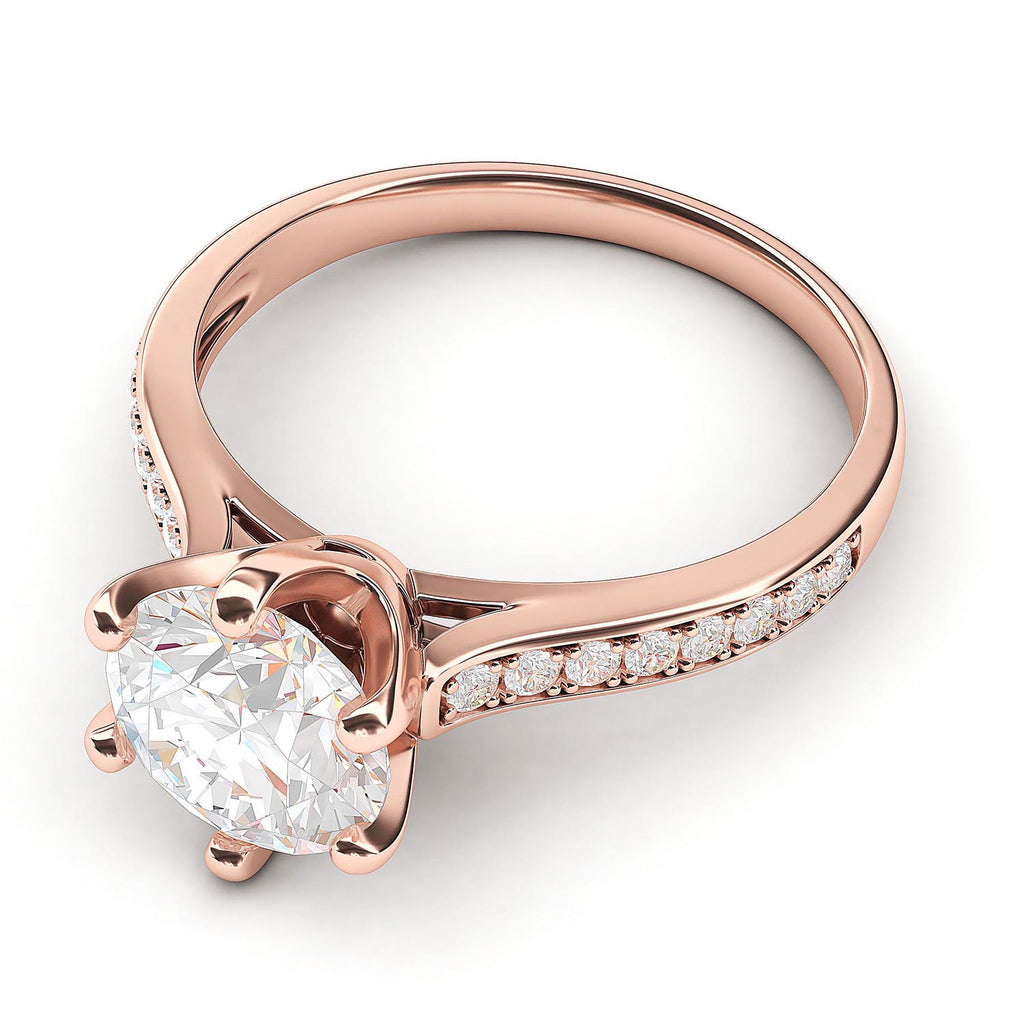 10k Rose Gold 2 Carats Classic 6-Prong Simulated Diamond Engagement Ring with Side Stones Promise Bridal Ring