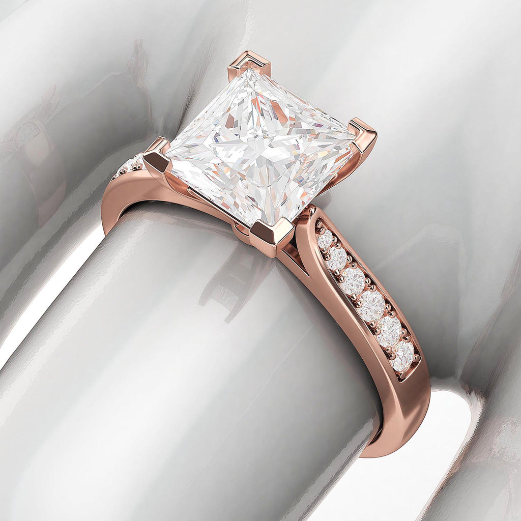 10k Rose Gold Solitaire 1.5ct Simulated Princess Cut Diamond Engagement Ring with Side Stones Promise Bridal Ring