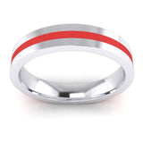  4mm Unisex Comfort Fit Sterling Silver Plain Flat Wedding Band Red Silicone Inlay Ring