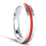  4mm Unisex Comfort Fit Sterling Silver Plain Flat Wedding Band Red Silicone Inlay Ring
