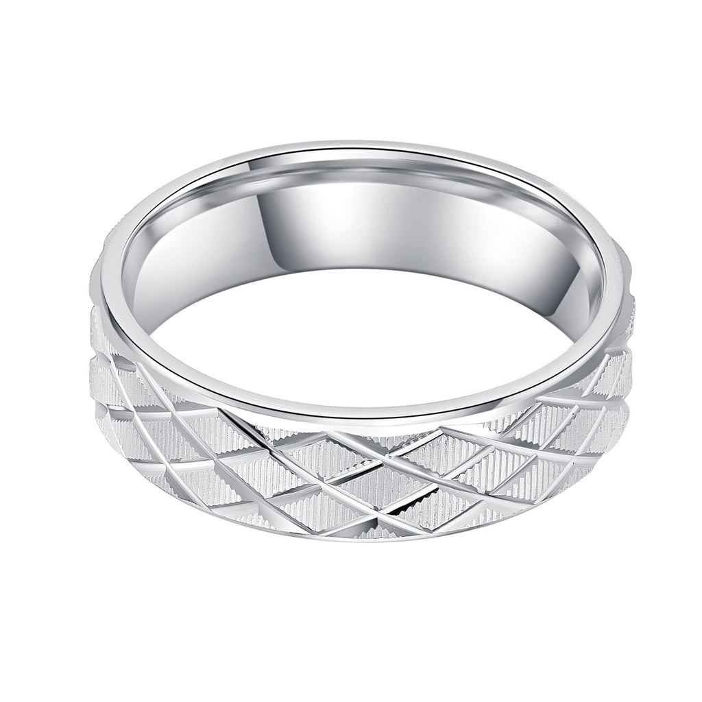 6mm Unisex Comfort Fit Sterling Silver Lines and Grids Engraved Ring Patterned Wedding Band