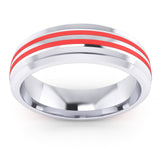 6mm Unisex Comfort Fit Sterling Silver Domed Wedding Band Red Silicone Inlay Ring