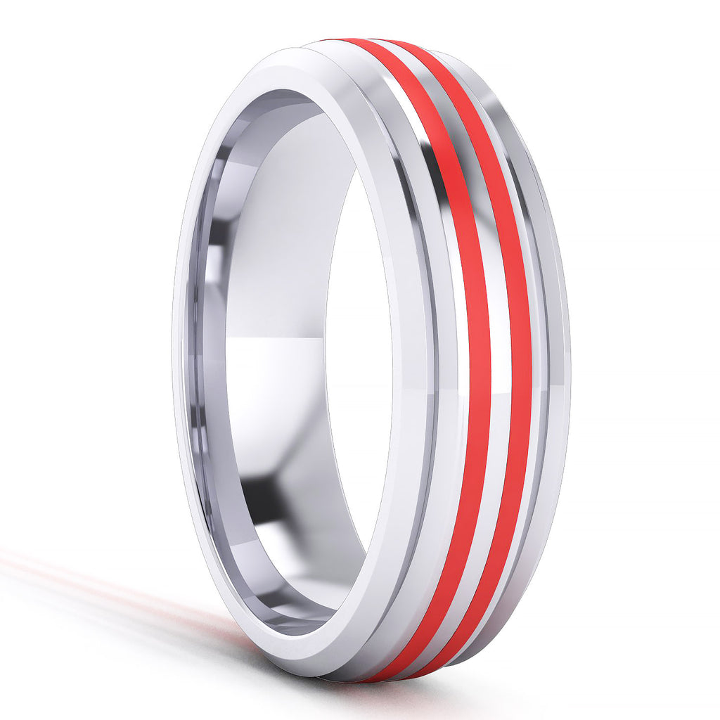 6mm Unisex Comfort Fit Sterling Silver Domed Wedding Band Red Silicone Inlay Ring
