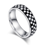 6mm Unisex Comfort Fit Sterling Silver Domed Wedding Band Black White Blocks Pattern Ring