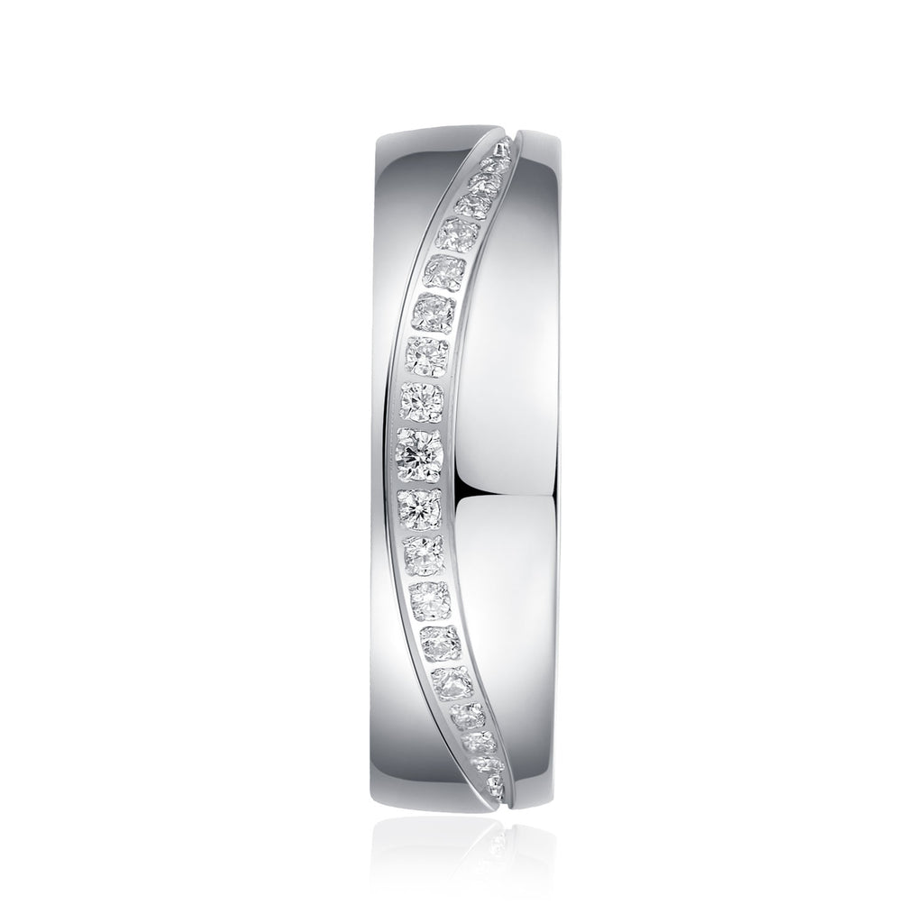 6mm Comfort Fit Heavy Sterling Silver Curved Set Simulated Diamond Court Shape Wedding Band