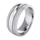 Heavy Sterling Silver 8mm Mens Wedding Band Arrow Patterned Ring Comfort Fit Brushed