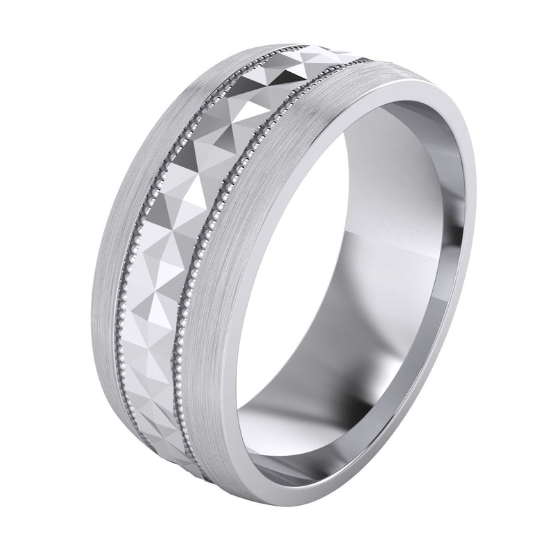 Heavy Sterling Silver 8mm Mens Wedding Band Diamond Cut Pyramid Patterned Ring Comfort Fit Brushed