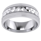 Heavy Sterling Silver 8mm Mens Wedding Band Diamond Cut Pyramid Patterned Ring Comfort Fit Brushed